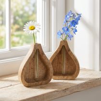 Artikel Minivase Glas Reagenzglas mit Mangoholzhalterung H17cm Klar Natur 2er Set