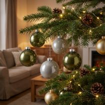 Artikel Weihnachtskugeln aus Glas Olivgrün und Silbergrau Ø 7,5 cm 12 Stück