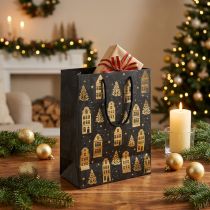 Artikel Weihnachts-Geschenktasche aus Papier Schwarz Gold mit Tannen und Häusern 18x10x23 cm 2 Stück
