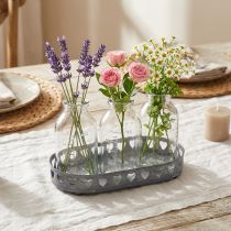 Artikel Mini-Glasvasen Set mit Metalltablett Ø11,5 cm – Vintage-Deko mit Herzmotiv