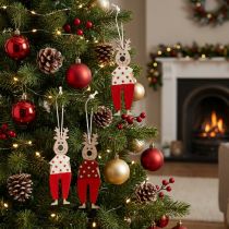 Artikel Holzrentiere zum Hängen, 13 cm, Rot-Weiss, Weihnachtsdeko, 8 Stück