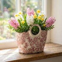Artikel Keramik-Pflanzentopf mit Henkel, Tasche, florales Muster, 21cm, Weiss-Rot, Innen- und Aussendekoration