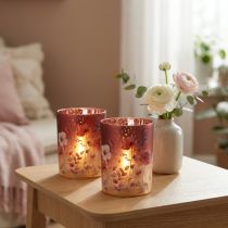 Artikel Deko Windlicht Glas Blütendesign 12,5 cm Rot Bunt 2 Stück