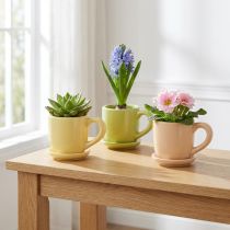 Artikel Kaffeetassen-Set aus Keramik mit Untersetzer, 11 cm, 3-teilig, Gelb, Grün, Orange