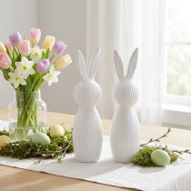 Artikel Keramik Hasenfigur 22cm Weiss glänzend mit Rillenstruktur 2er-Set für Frühlings- und Osterdekoration