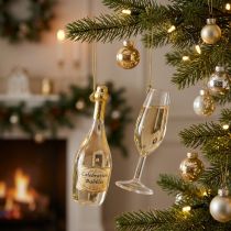 Artikel Sektflasche und Sektglas Anhänger-Set aus Glas 14cm Dekoration für Weihnachten und Silvester