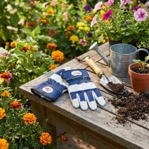 Artikel Kinder-Gartenhandschuhe aus Baumwolle und Polyurethan, Grösse 6, Blau-Weiss