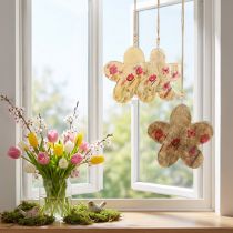 Artikel Dekohänger Holzblüten 16 cm aus Kiefernholz, bedruckt mit Blumen- und Schmetterlingsmotiv, rosa und naturfarben, 3er Set