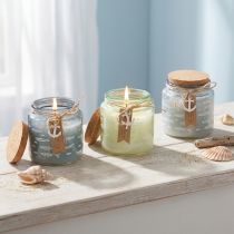 Artikel Duftkerzen aus Glas mit Fischen, maritimes Design, Blau/Grün, H11 cm, 3er Set