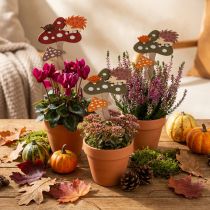 Artikel Blumenstecker aus Holz mit Igel und Fliegenpilz-Motiv, Herbstdeko, 8cm, 12 Stück