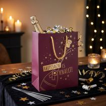 Artikel Geschenktasche Papier Weinrot Gold „Hauptsache es knallt“ 18×10×23cm mit Textilhenkel 2 Stück