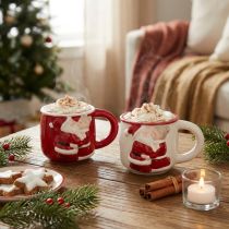 Artikel Set aus zwei Weihnachtstassen Keramik Rot Weiss H8,5cm mit Weihnachtsmann-Motiv