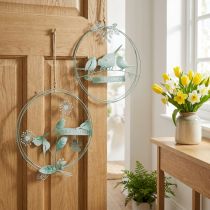 Artikel Metall-Dekoringe mit Vogel- und Blumenmotiv, Ø27cm, Grün-Weiss, 2er-Set