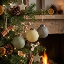 Artikel Weihnachtskugeln Glas Ø6cm Beflockt Gelb, Grün, Grau 3er-Set