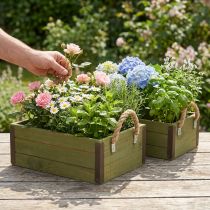 Artikel Holz-Blumenkasten Set Grün 2-teilig 24/30cm mit Jutegriffen für Pflanzen und Dekoration
