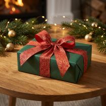 Artikel Geschenkband aus Polyester mit Drahtkante 40 mm x 15 m in Dunkelrot mit goldenem Muster