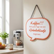 Artikel Kaffee Spruchschild aus Metall mit Kette, 13.5 x 7.5 cm, Weiss und Rot, 3er-Set