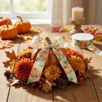 Artikel Geschenkband Kürbismotiv Polyesterband 40mm x 15m Orange Grün für Herbstdeko und Bastelarbeiten