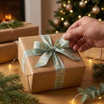 Artikel Stoffgeschenkband mit Rentier- und Tannenbaum-Motiv 40 mm x 18 m hellblau