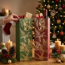 Artikel Weihnachtliche Geschenktaschen aus Pappe mit Mistelzweigmotiv, 12×10×36 cm, grün und braun, 2 Stück