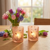 Artikel Deko Windlichter Glas 12,5 cm Blumenmotiv Rosa Weiss 2er Set