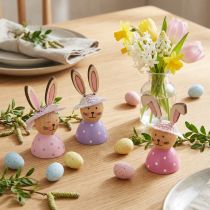 Artikel Holz Osterhasen Figuren mit Hut, 7 cm, 9-teiliges Set, Rosa/Lila/Pink, Tisch- und Wohnungsdeko