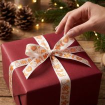 Artikel Geschenkband aus Polyester mit Lebkuchenmotiven 25 mm 18 m Weiss-Orange