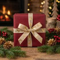 Artikel Dekoband aus Polyester mit Hirschmotiv 15mm x 15m in Braun-Gold für Weihnachtsdekorationen