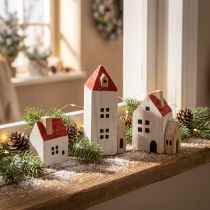 Artikel Deko-Holzhaus-Set, rot-weiss, 6-teilig, Höhen 13/9/6 cm, winterliche Innenraumdekoration