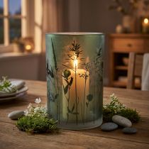 Artikel Windlicht aus Glas Weiss mit grünem Wiesen-Motiv, Höhe 18 cm