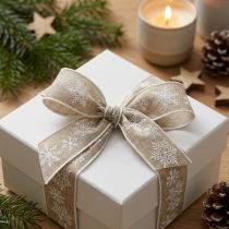 Artikel Dekoband aus Leinen mit Schneeflockenmotiv 25mm x 20m Beige-Weiss