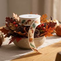 Artikel Dekoband aus Polyester 25mm x 18m Pilze und Herbstlaub Beige
