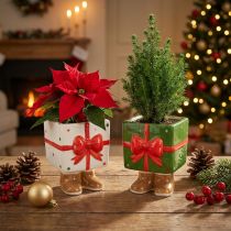 Artikel Keramik Übertopf Weihnachten Geschenkbox mit Füssen Grün oder Weiss H 12 cm