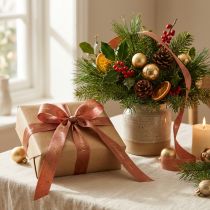 Artikel Dekoband Satinband Weihnachtsband 15mm x 20m Rotbraun Gold Motiv Schriftzug „Christmas Time“