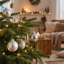 Artikel Glaskugeln Silber, Christbaumkugeln, Ø 7,5 cm, H 8,5 cm, Set à 12 Stück