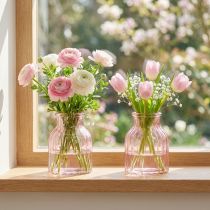 Artikel Glasvase Retro Rosa Getönt Rillen Ø11cm H14,5cm 2er-Set