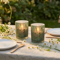Artikel Deko-Glas Windlicht 2er-Set Grün Weiss Wiesenmotiv H12,5cm