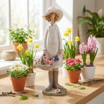 Artikel Dekofigur Gärtnerin Frau mit Blumen, Polyresin, H21cm, Weiss Rosa