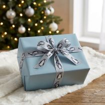 Artikel Geschenkband Stoff Pinguine Grau 25mm x 15m für Weihnachtsdekoration und Geschenkverpackung