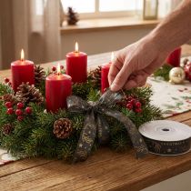 Artikel Weihnachtsband aus Polyester 25mm x 15m Braun Gold mit Sternen und Geweih für Dekoration
