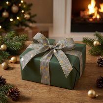 Artikel Geschenkband mit Sternenmuster, 25 mm x 18 m, Schwarz-Weiss-Gold, Dekoband für Weihnachten