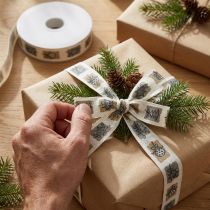 Artikel Stoffband Polyester Weihnachtsmotive 25mm x 18m Grau/Ocker/Weiss