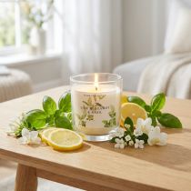 Artikel Duftkerze im Glas aus Shea-Wachs Lime Bergamot Basil Ø7,5cm H8,5cm Weiss