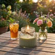 Artikel Duftkerze im Glas mit Deckel Citronella Olivgrün 11,5 cm für Innen- und Aussenbereich
