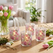Artikel Deko Windlichter aus Glas mit rosa Tulpenmotiv, 8 cm, 4er-Set, für Frühlingsdekoration