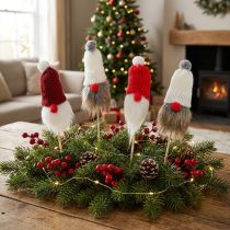 Artikel Weihnachtswichtel zum Stecken mit Strickmützen in Rot, Weiss und Grau, 11–13 cm Figurenhöhe, Set mit 12 Stück