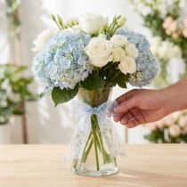 Artikel Organzaband mit floralem Design Blau-Weiss 40mm x 15m für Dekorationen