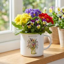 Artikel Deko Pflanztopf Tasse aus Metall, emailliert, Ø11,5cm, H10cm, weiss mit Blumenmotiv und Schriftzug