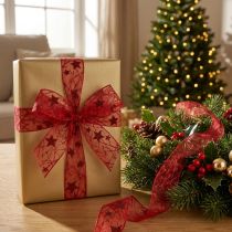 Artikel Weihnachtsband mit Sternen aus Textil, Dunkelrot und Rot, 25 mm x 18 m
