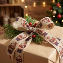 Artikel Weihnachtsband Polyester beige mit Weihnachtsmann-Motiv 25mm x 15m